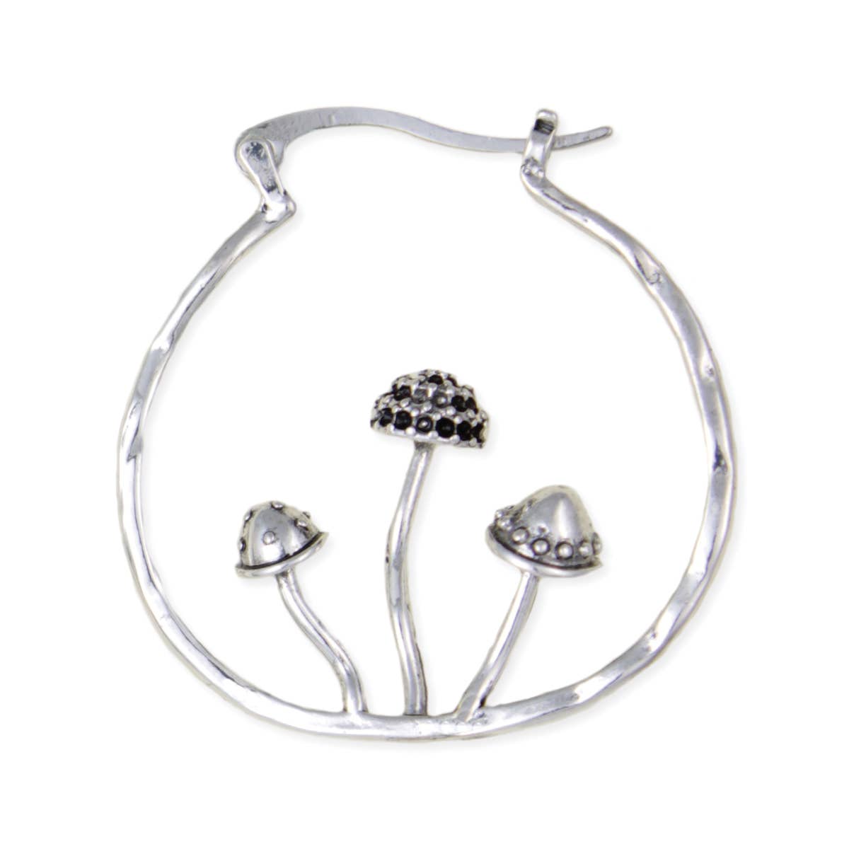 Silver Mushrooms Hammered Hoop Earrings