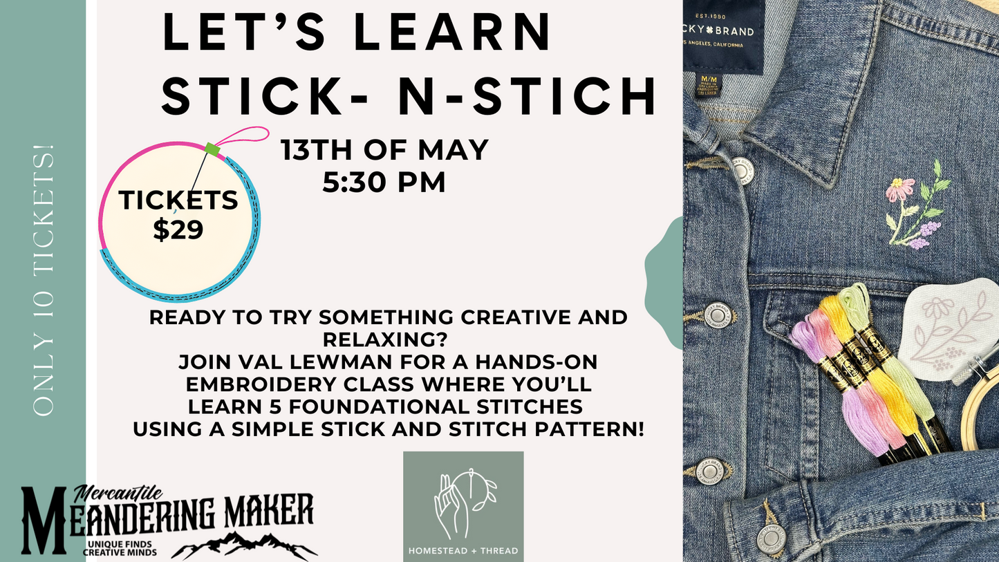 Let's Learn Stick -N- Stich Friday, May 13th 5:30 p.m